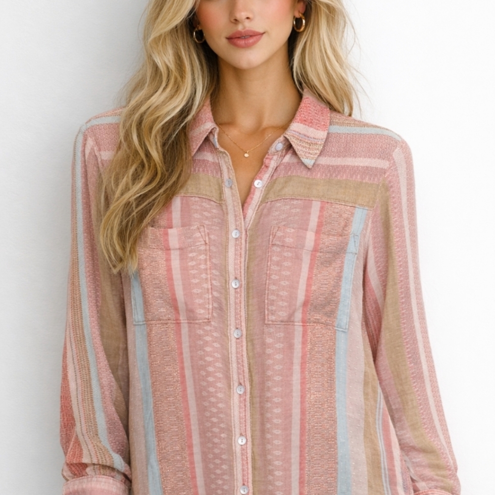 Anthropologie Maeve Textured Striped Blouse Pink Blue Button Front Top Size 4